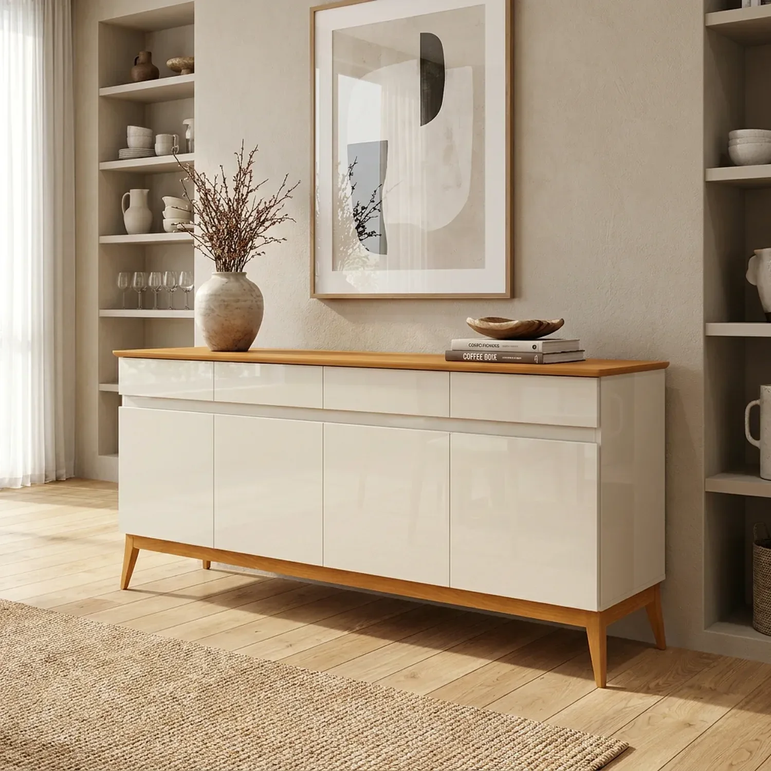 Buffet 4 Gavetas 187cm Pés em Madeira Maciça Off White/Cedro