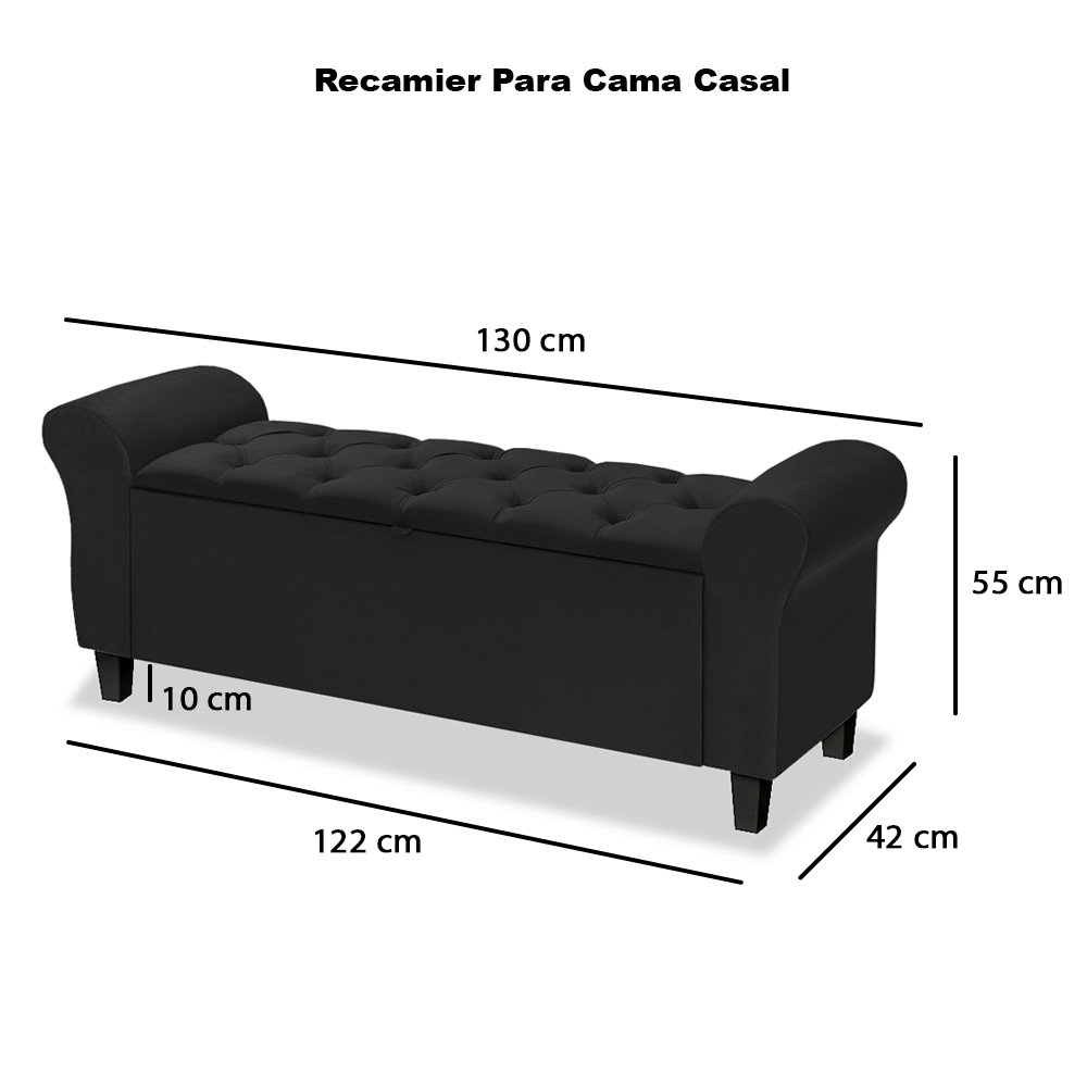 Divã Recamier Baú 1.30 para Cama de Casal Dubai Pávia Preto - Lh Móveis - 6