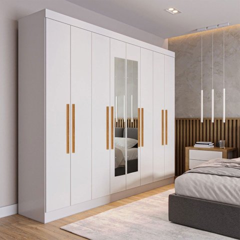 Guarda-roupa Casal Monte 8 Portas 4 Gavetas 100% Mdf com Espelho Branco - Pnr Móveis