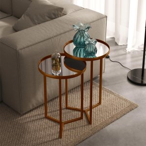 Conjunto de Mesa Lateral Aço com Espelho Redonda Steel Glass Cobre - Lh Móveis