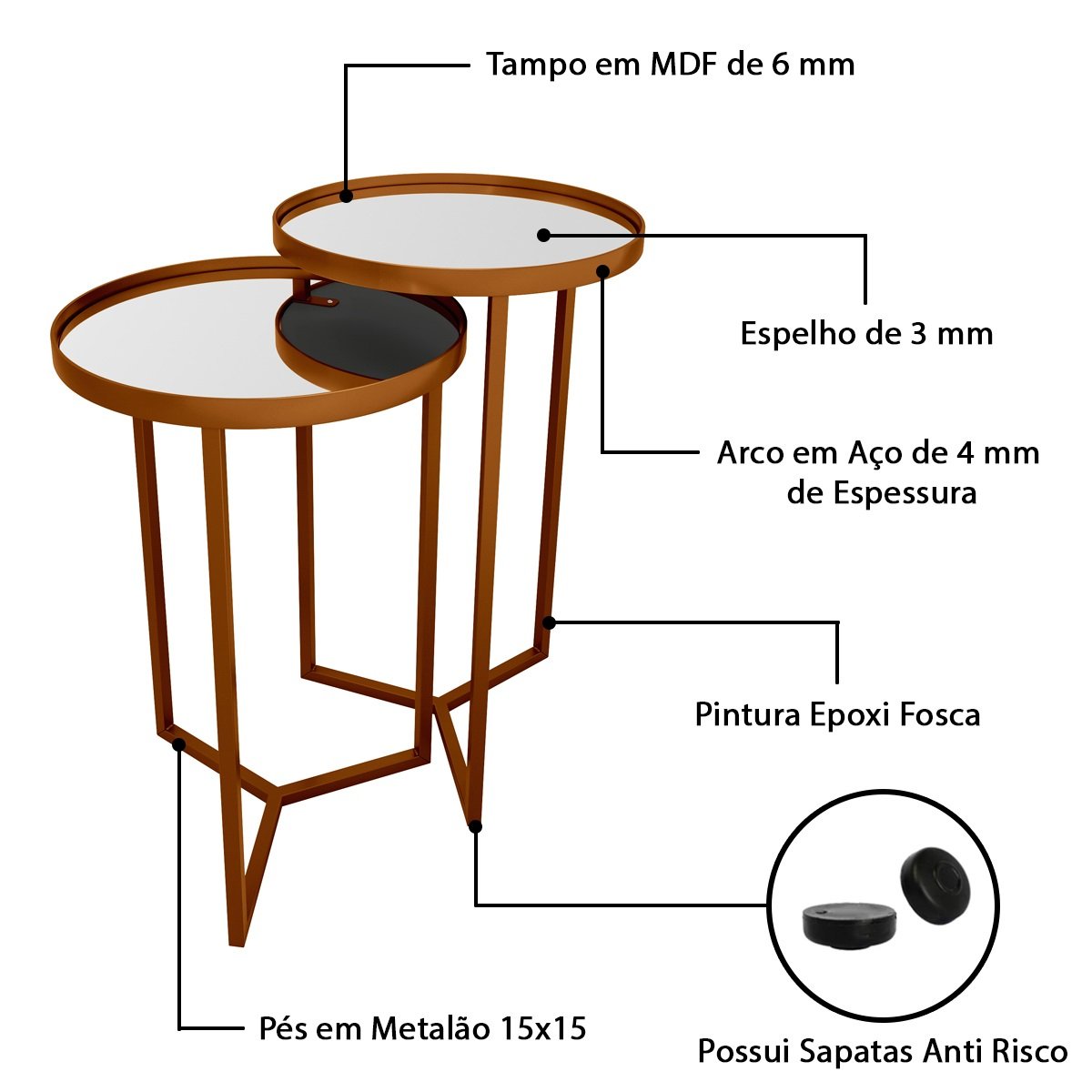 Conjunto de Mesa Lateral Aço com Espelho Redonda Steel Glass Cobre - Lh Móveis - 5