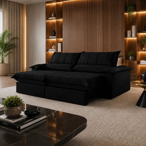 Sofá Genova Retrátil e Reclinável 280cm - Preto