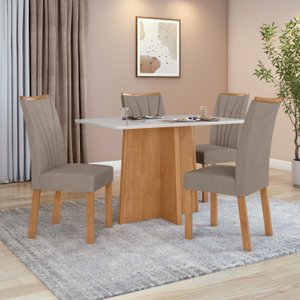 Mesa de Jantar Celebrare 1,20 com Vidro e 4 Cadeiras Apogeu Tecido Suede Animale Bege Amendoa Clean/