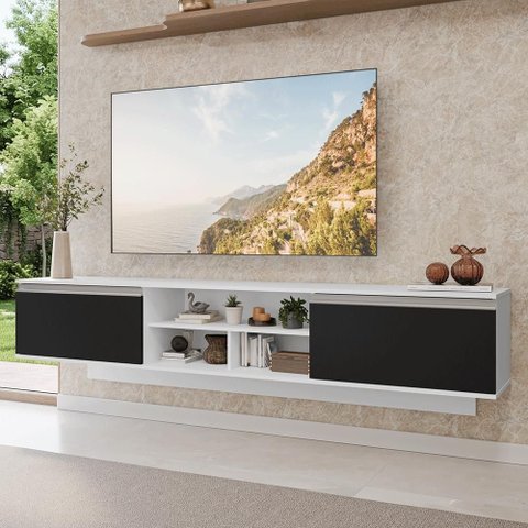 Rack Suspenso para TV até 80 Polegadas 218 cm 2 Portas Branco/Preto Glamy Madesa