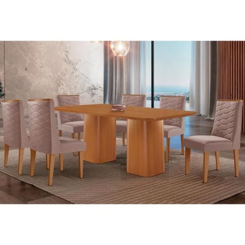 Conjunto: Mesa de Cozinha Maldivas Tampo Curvo 180cm+6 Cadeiras Dafne Madeira Naturale - Capuccino/