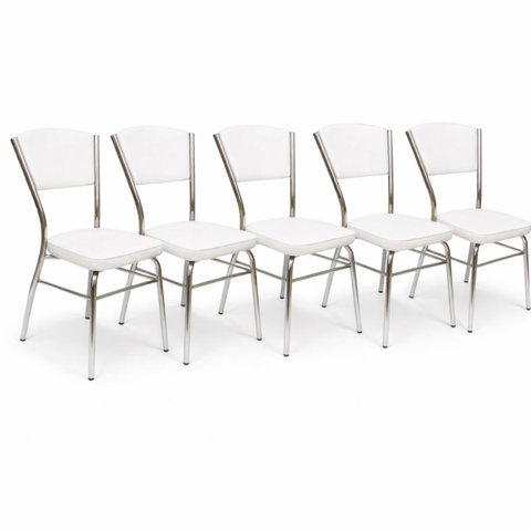 Cadeira Cozinha Reforço Cromada Assento Grosso Confortável Encosto Estofado Cor Branco Kit 5 Peças