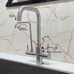 Torneira com Suporte de Filtro para Bancada Cozinha Gourmet Monocomando Bico Aerador Prata Inox - 3