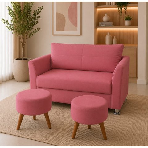 Kit Namoradeira Lisboa 2 Lugares + 2 Puffs Redondos em Suede para Sala Rosé Conforto e Luxo