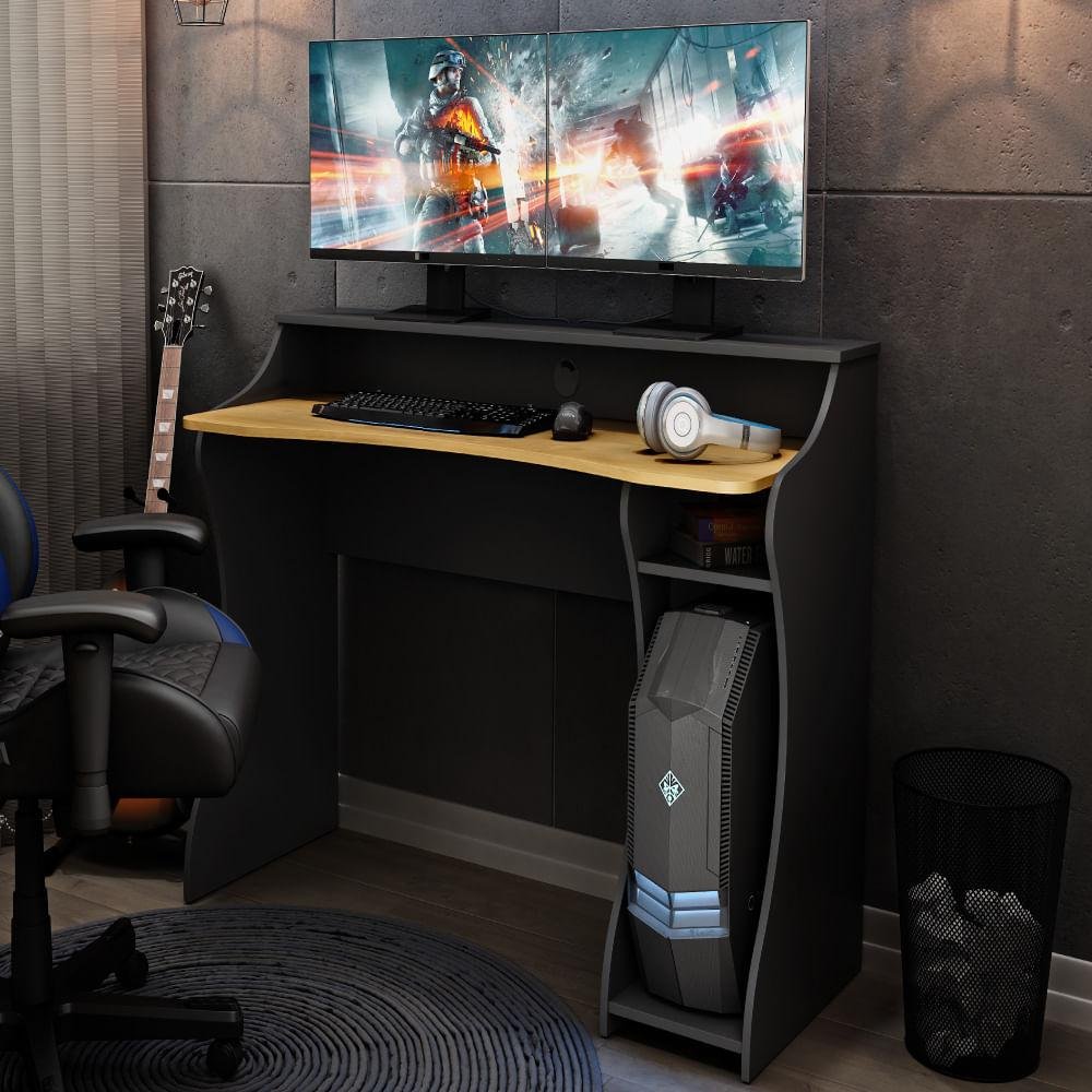 Mesa Gamer em Madeira Maciça - Carvalho/Preto | MadeiraMadeira