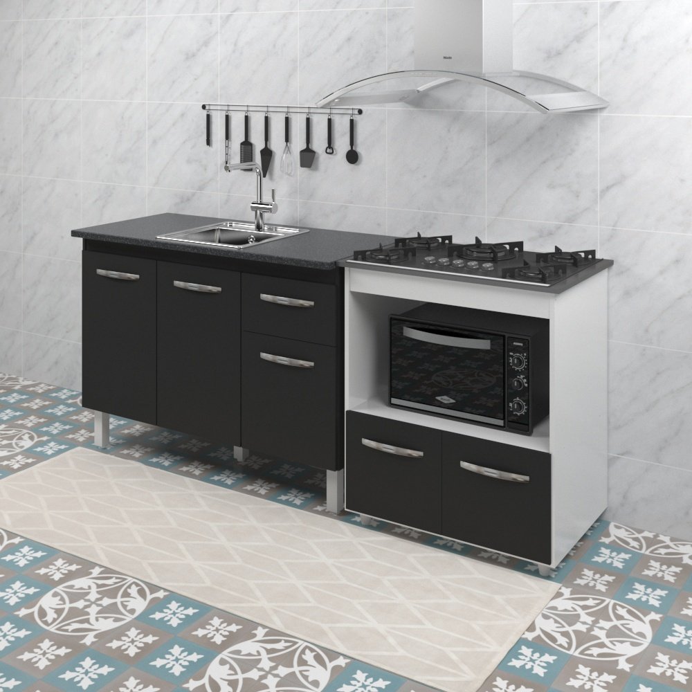 Armário Gabinete pia de 120 cm Preto com Balcão Cooktop 5 Bocas e Forno ...