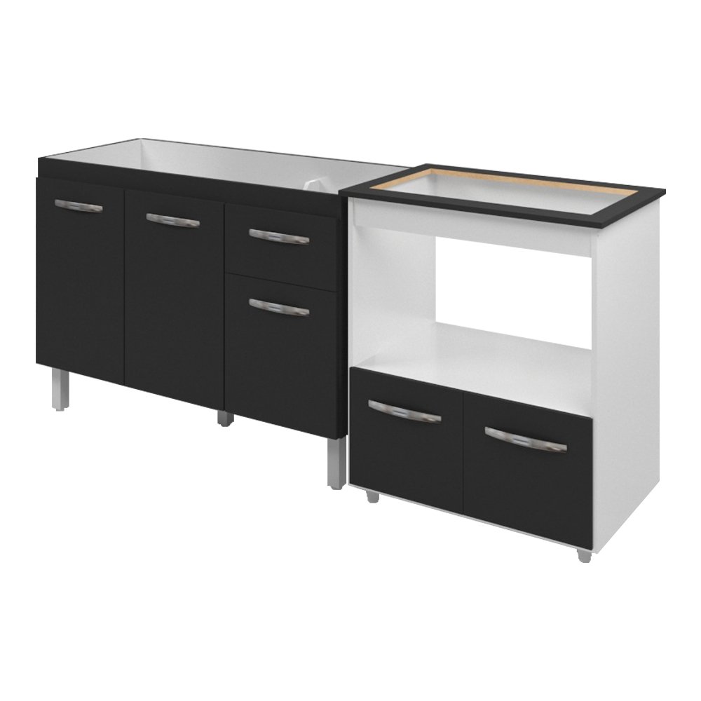 Armário pia de 120 cm Preto com Balcão Cooktop 5 Bocas e Forno