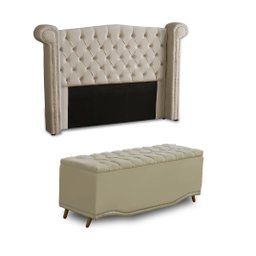 KIT + Cabeceira Com Recamier Baú Dunas Princesa em captonê 1,40 Casal Cama Box Bege Veludo Dalaqua-D - 1