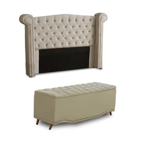 KIT + Cabeceira Com Recamier Baú Dunas Princesa em captonê 1,40 Casal Cama Box Bege Veludo Dalaqua-D