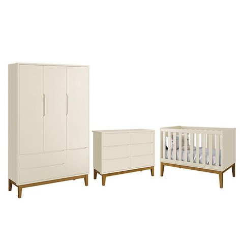 Dormitório Completo Infantil Classic 3 Portas, Cômoda 6 Gavetas e Berço Areia Fosco com Pés