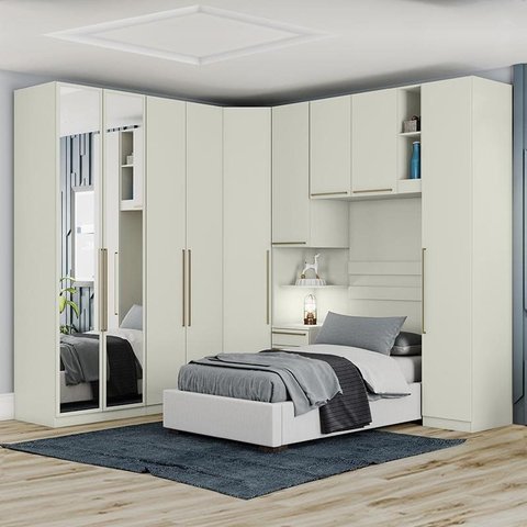 Quarto Modulado Solteiro Seletto 6 Peças Areia com Espelho - Móveis Henn