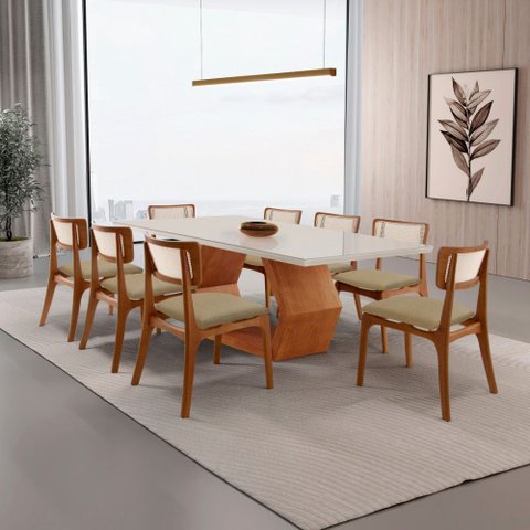 Sala de Jantar Mesa Ane 220cm Tampo Laqueado com Vidro Canto Moeda com 8 Cad Viena