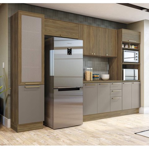 Armário de Cozinha Modulada Completa Reta 6 Peças 3,20m 238 Botanic Kappesberg - Nogueira/fendi