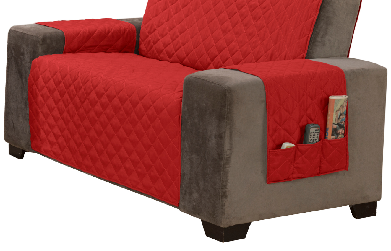 Jogo capa sofá protetor king matelado 2 e 3 lugares com bolso lateral vermelho - 3
