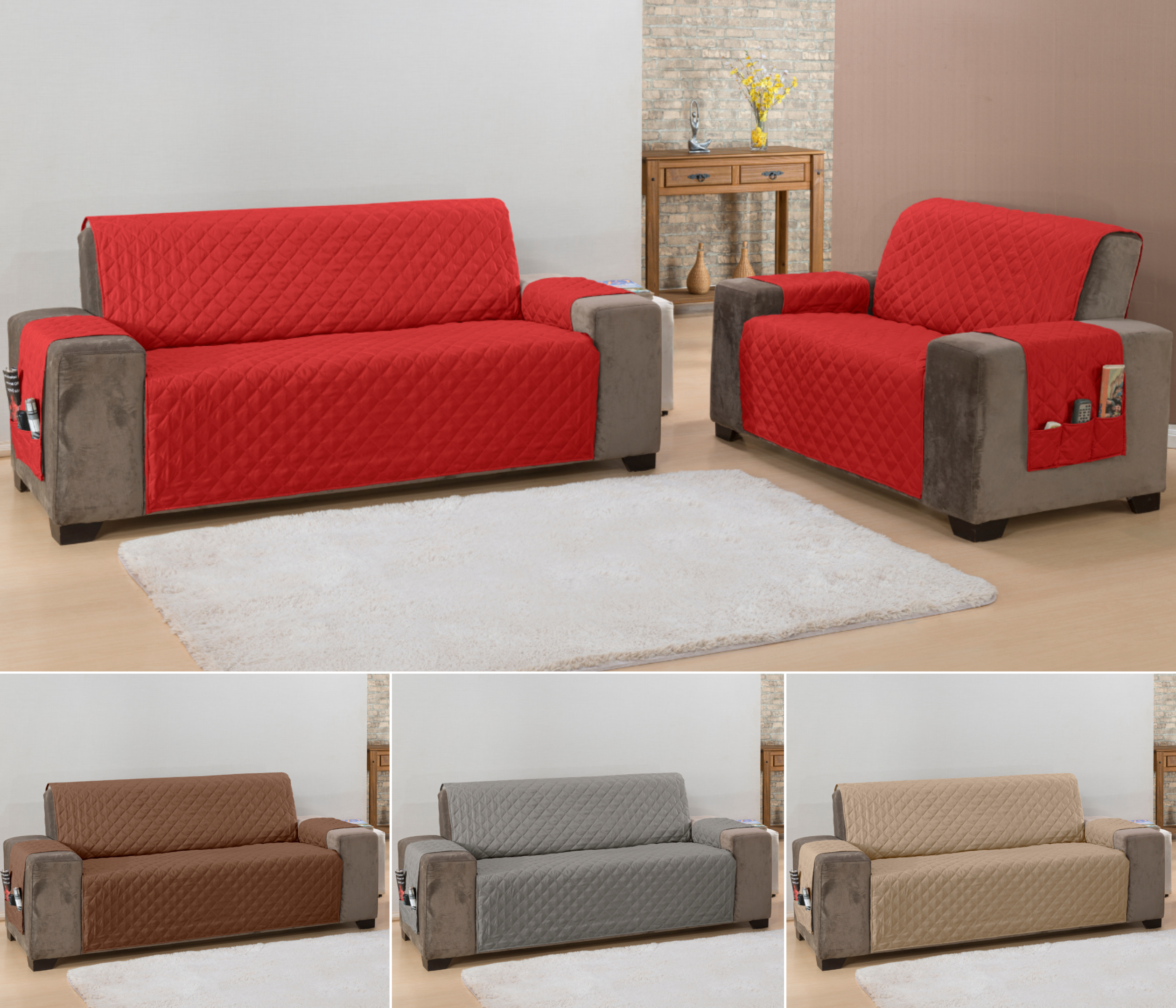 Jogo capa sofá protetor king matelado 2 e 3 lugares com bolso lateral vermelho - 1