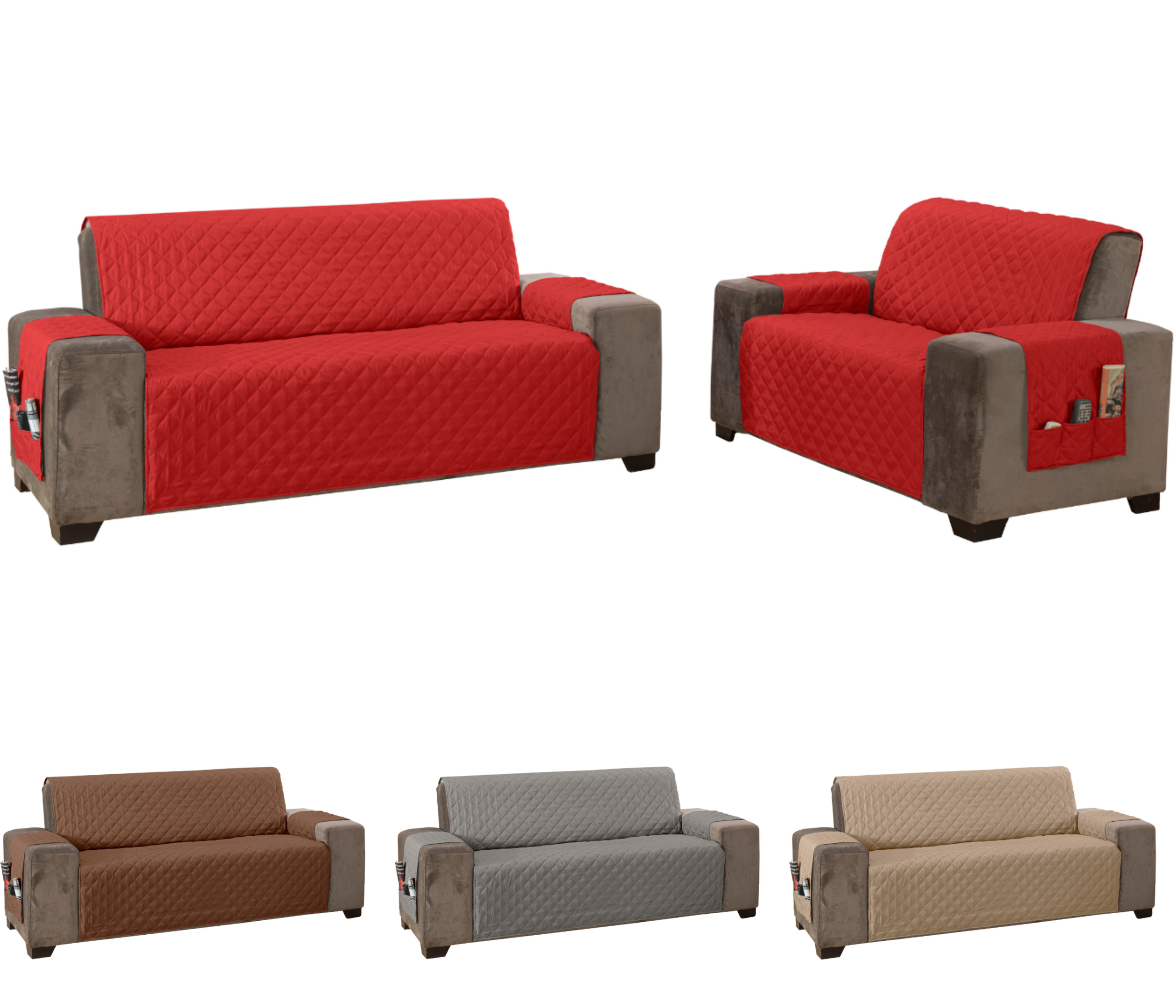 Jogo capa sofá protetor king matelado 2 e 3 lugares com bolso lateral vermelho - 5