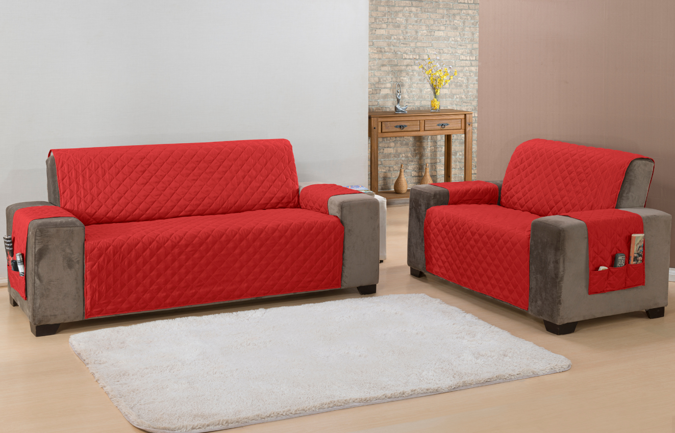 Jogo capa sofá protetor king matelado 2 e 3 lugares com bolso lateral vermelho - 4