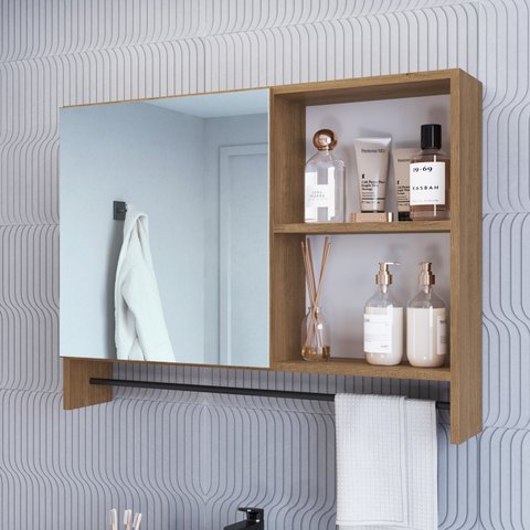 Armário Espelheira para Banheiro com 1 Porta 1 Toalheiro e Nichos