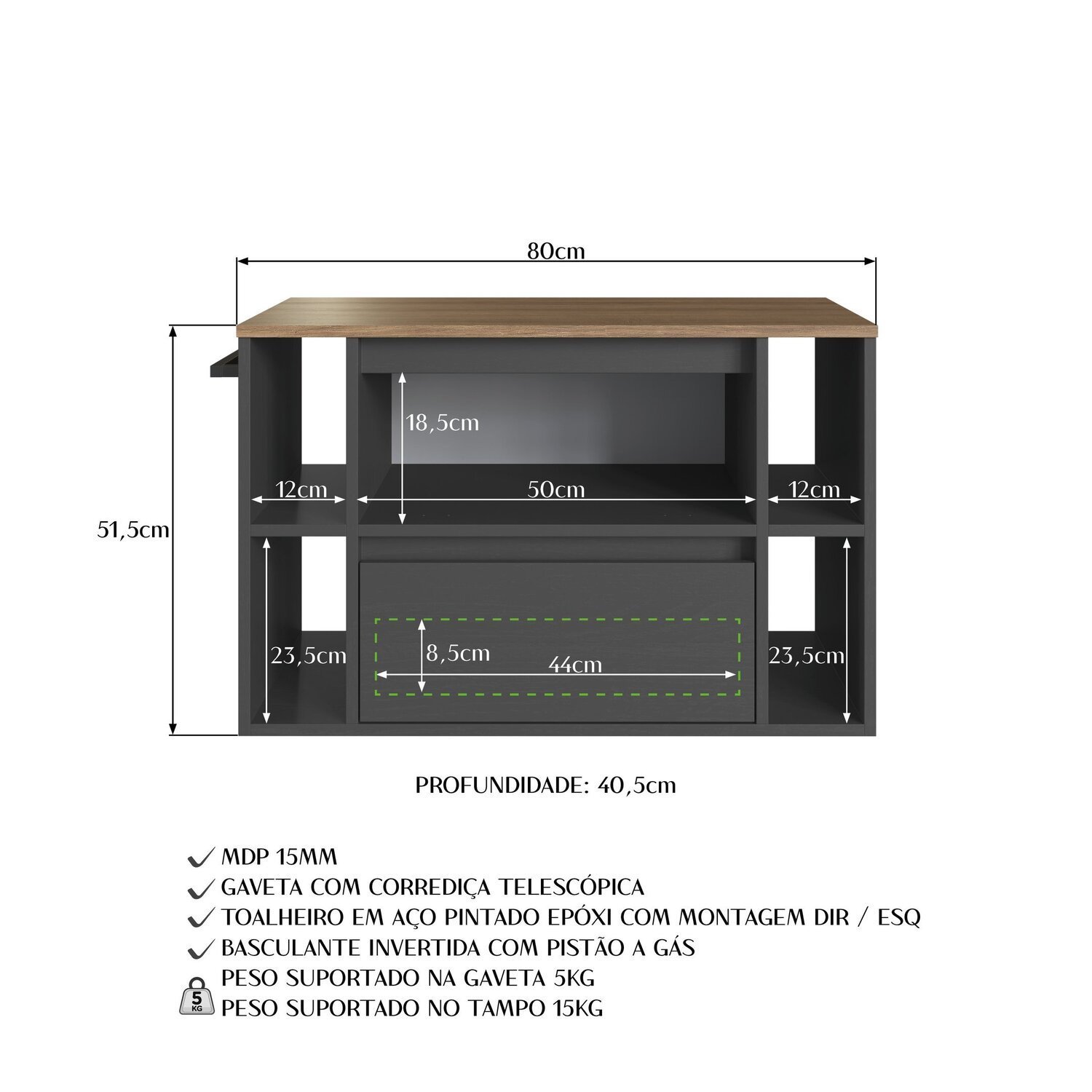 Gabinete de Banheiro Suspenso 80cm com 4 Nichos 1 Toalheiro 1 Porta 1 Gaveta Bh8010 - 7