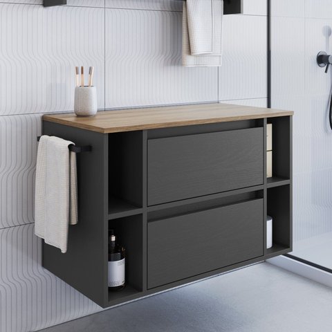 Gabinete de Banheiro Suspenso 80cm com 4 Nichos 1 Toalheiro 1 Porta 1 Gaveta BH8010 Preto/Mel/Grafite