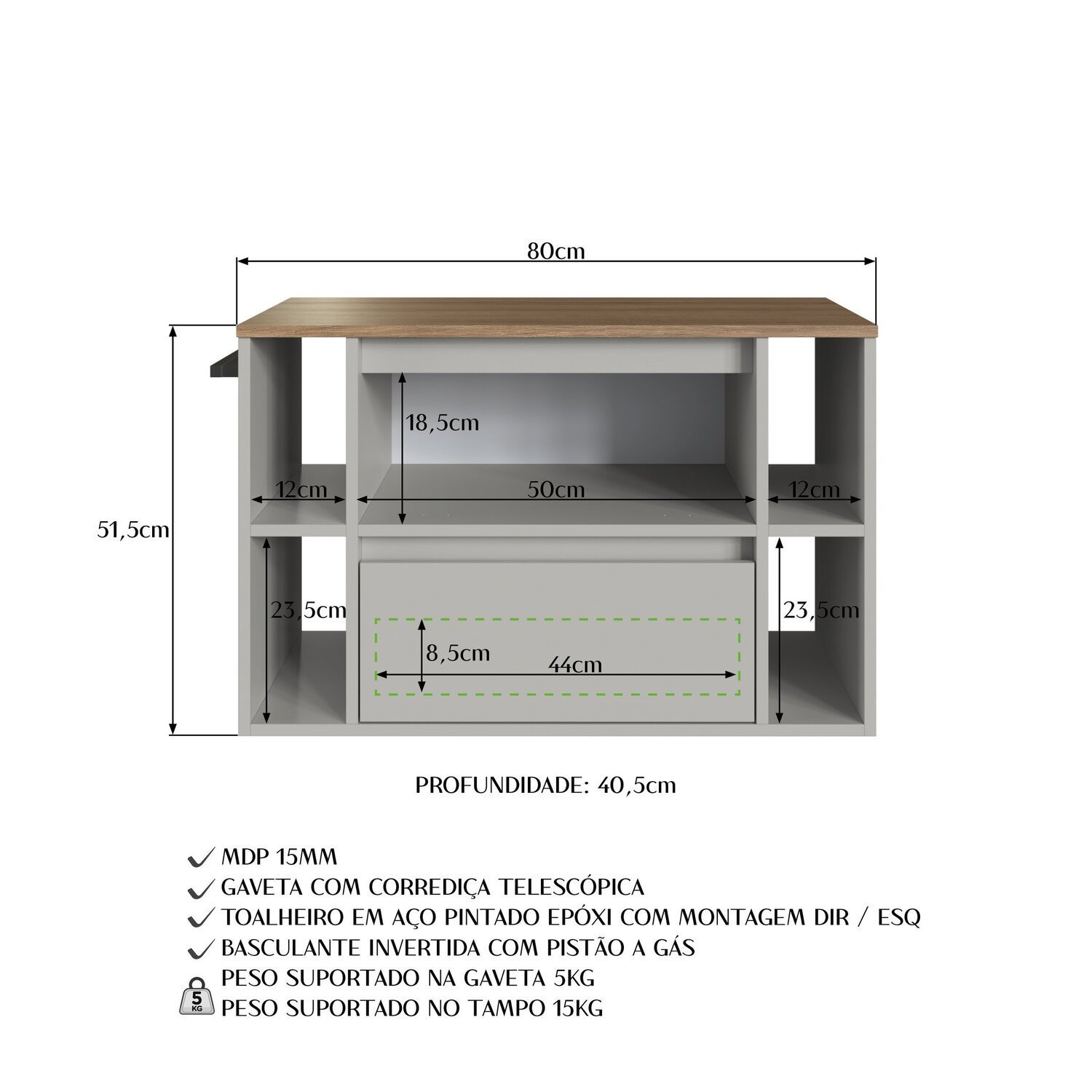 Gabinete de Banheiro Suspenso 80cm com 4 Nichos 1 Toalheiro 1 Porta 1 Gaveta Bh8010 - 7