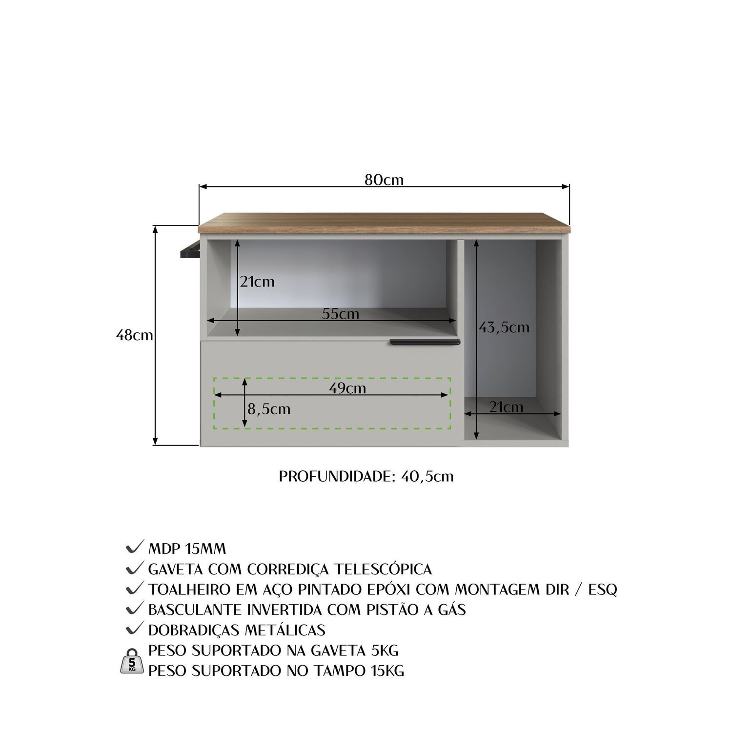 Gabinete de Banheiro Suspenso 80cm com 1 Toalheiro 2 Portas e 1 Gaveta Bh8020 - 7