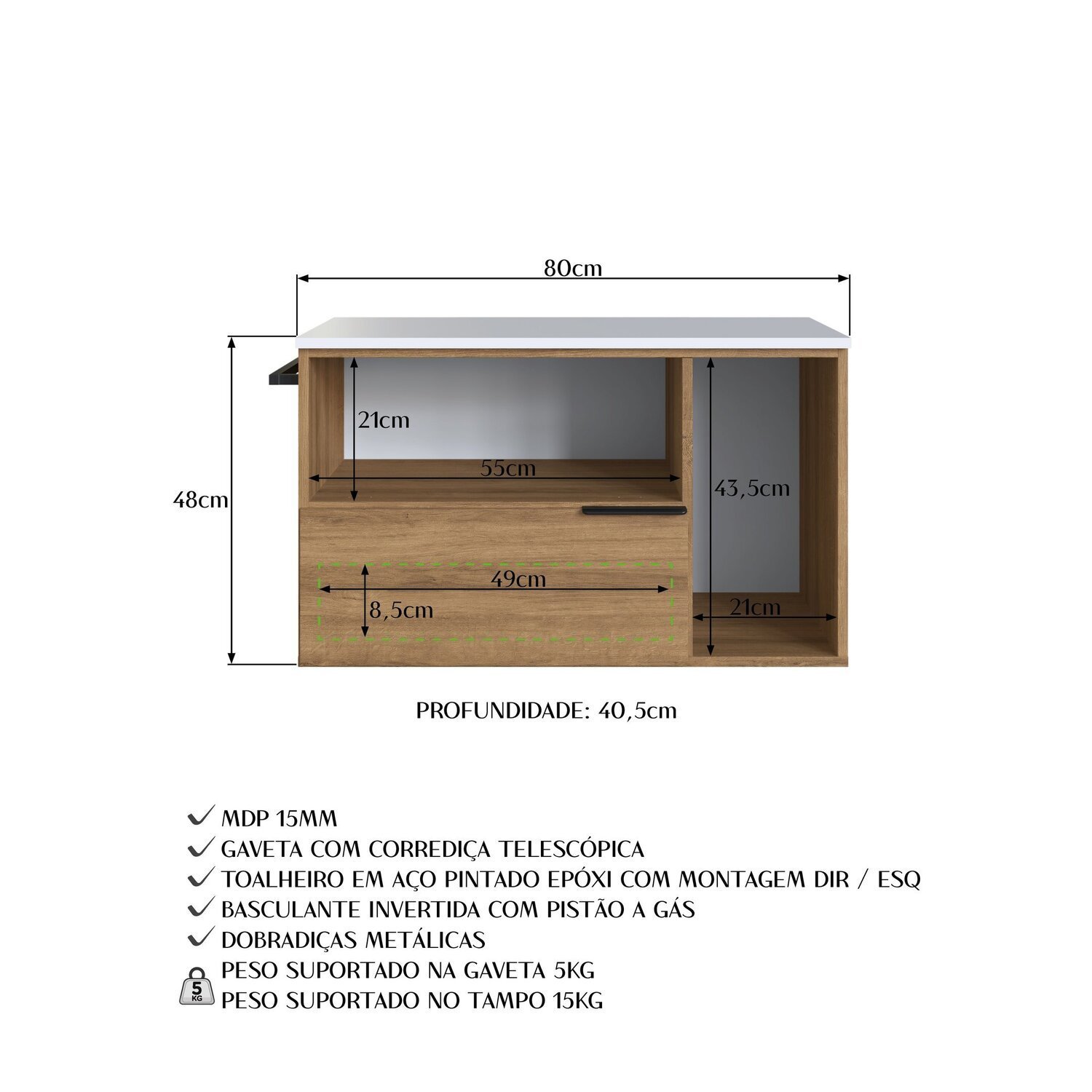 Gabinete de Banheiro Suspenso 80cm com 1 Toalheiro 2 Portas e 1 Gaveta Bh8020 - 7