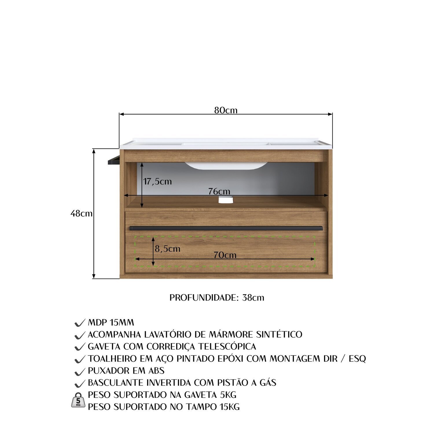 Gabinete de Banheiro Suspenso 80cm com 1 Toalheiro 1 Porta 1 Gaveta Bh8030 com Lavatorio - 7