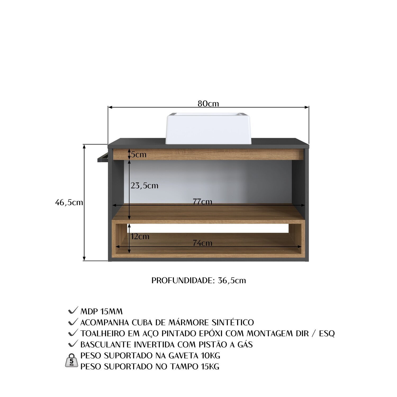 Gabinete de Banheiro Suspenso 80cm com 1 Nicho 1 Toalheiro 1 Porta com Cuba - 8