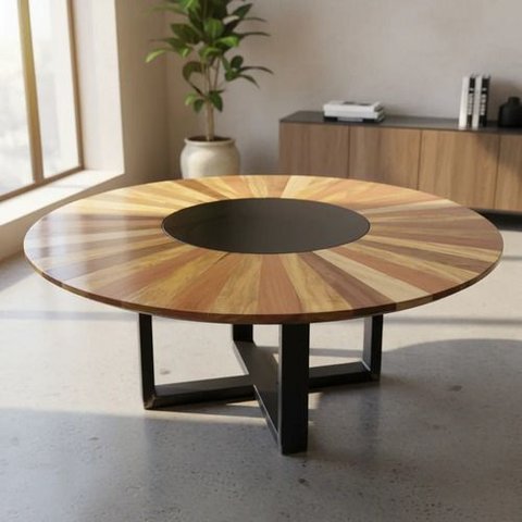 Mesa Redonda com Centro de Mesa Embutido em Mármore 200x80 Marrom