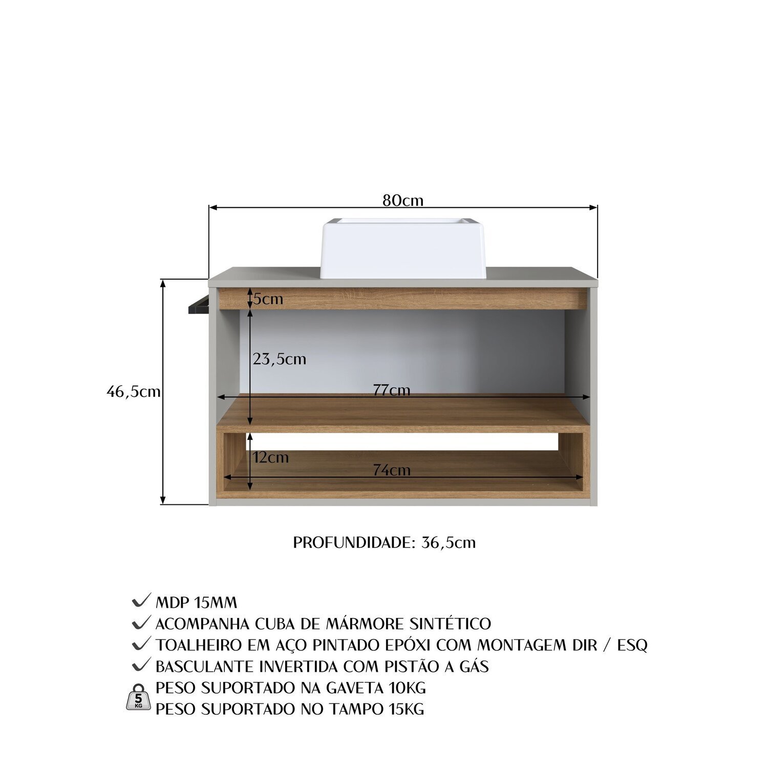 Gabinete de Banheiro Suspenso 80cm com 1 Nicho 1 Toalheiro 1 Porta com Cuba - 8