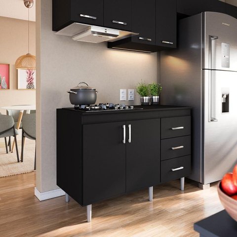 Balcão para Cooktop 1,20m 5 Bocas 2 Portas e 3 Gavetas Turim Preto