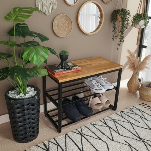Banco Sapateira Multiuso Hall de Entrada Organizador 6 Pares Aço Madeira