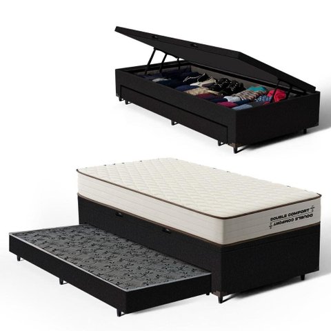 Cama Box Baú Solteiro com Colchão de Espuma D45 Double Comfort + Auxiliar 88cm