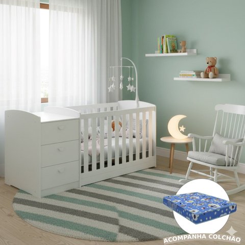 Berço Americano Multifuncional Atlanta com Cômoda 3 Gavetas com Colchão - Reller - Branco Brilho