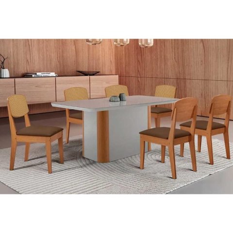Sala Jantar Mesa Pietá Tampo C/ Vidro Curvo 180cm+6 Cadeiras Havana Naturale/off White - Suede