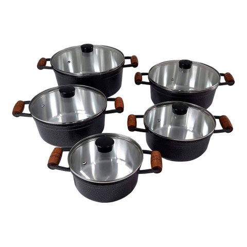 Conjunto De Panelas Caçarolas Cava 5 Peças Tampa De Vidro Craqueada