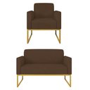 Ver imagem 1 de Kit Namoradeira e 1 Poltrona Decorativa Base Industrial Dourada Maressa S06 Suede Marrom - Ibiza