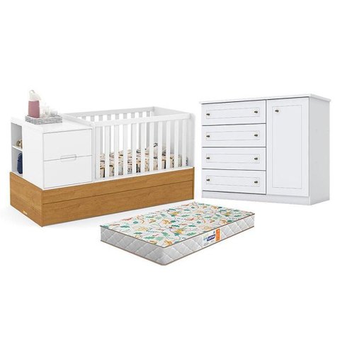 Berço Multifuncional Americano Formare MDF com Cômoda e Colchão Incluso Branco Freijó Matic Mó