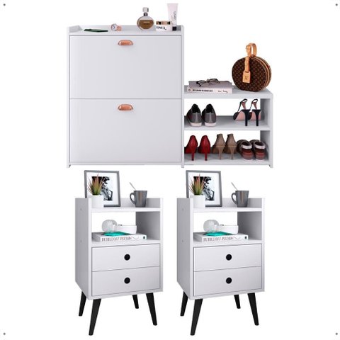 Kit Quarto 2 Mesas Cabeceira Nicho Gavetas Retrô Sapateira Vertical Banco 21 Pares Calçados - Rpm