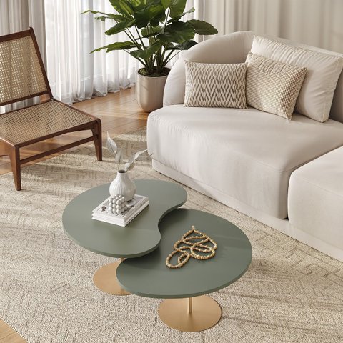 Kit 2 Mesas de Centro para Sala Design Orgânica Gaia com Metal Dourado e MDF Verde Sálvia