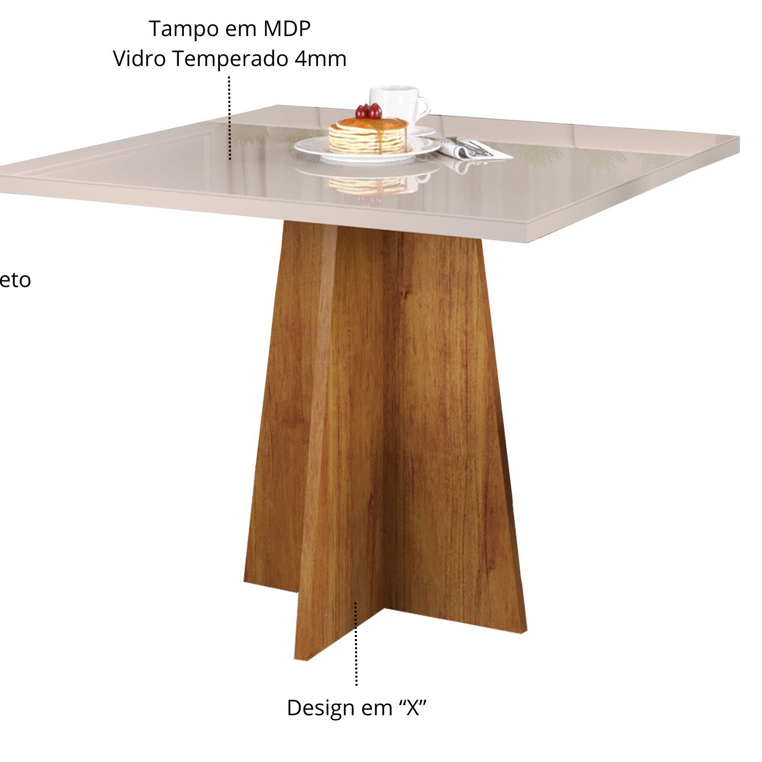 Conjunto Canto Alemão com Baú Trento Mesa Quadrada com Vidro 90x90 e 2 Cadeira Venus em Mdp/mdf - 5