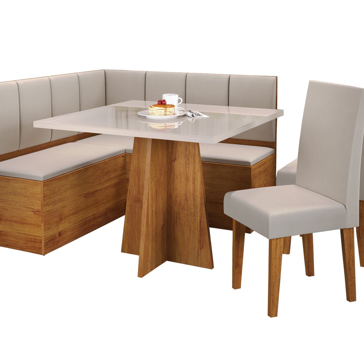 Conjunto Canto Alemão com Baú Trento Mesa Quadrada com Vidro 90x90 e 2 Cadeira Venus em Mdp/mdf - 2