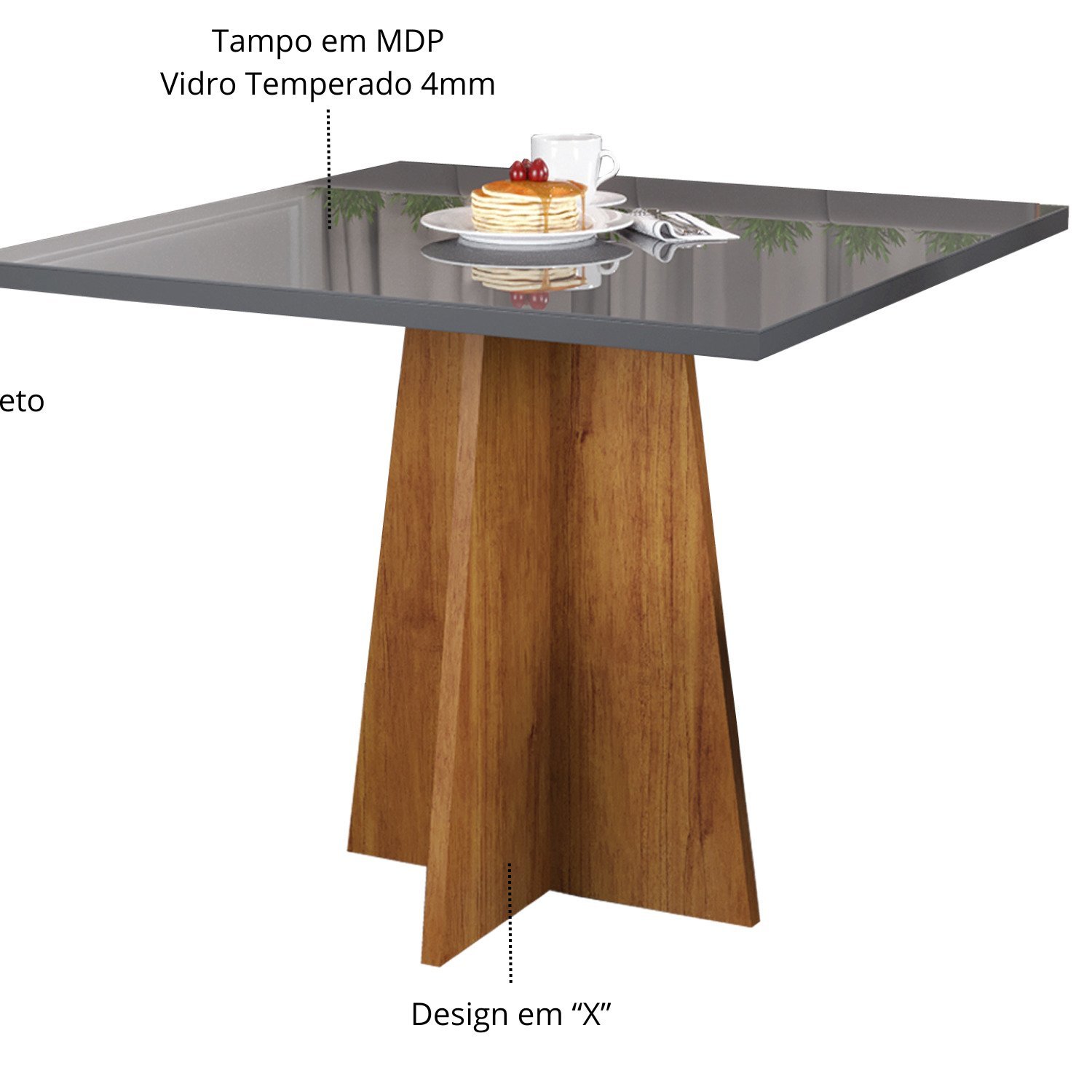 Conjunto Canto Alemão com Baú Trento Mesa Quadrada com Vidro 90x90 e 2 Cadeira Venus Mdp/mdf - 6