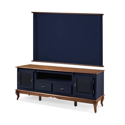 Conjunto Rack 60503 + Painel 50513 para Sala Pés Luiz Xv 2 Gavetas 2 Portas - Azul Petróleo/imbuia