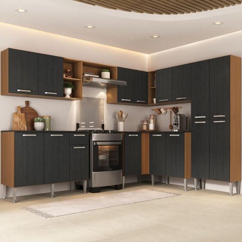 Armário Cozinha Modulada Completa de Canto 432,5cm Pequim Pop Multimóveis Mp3773 Madeirado/preto